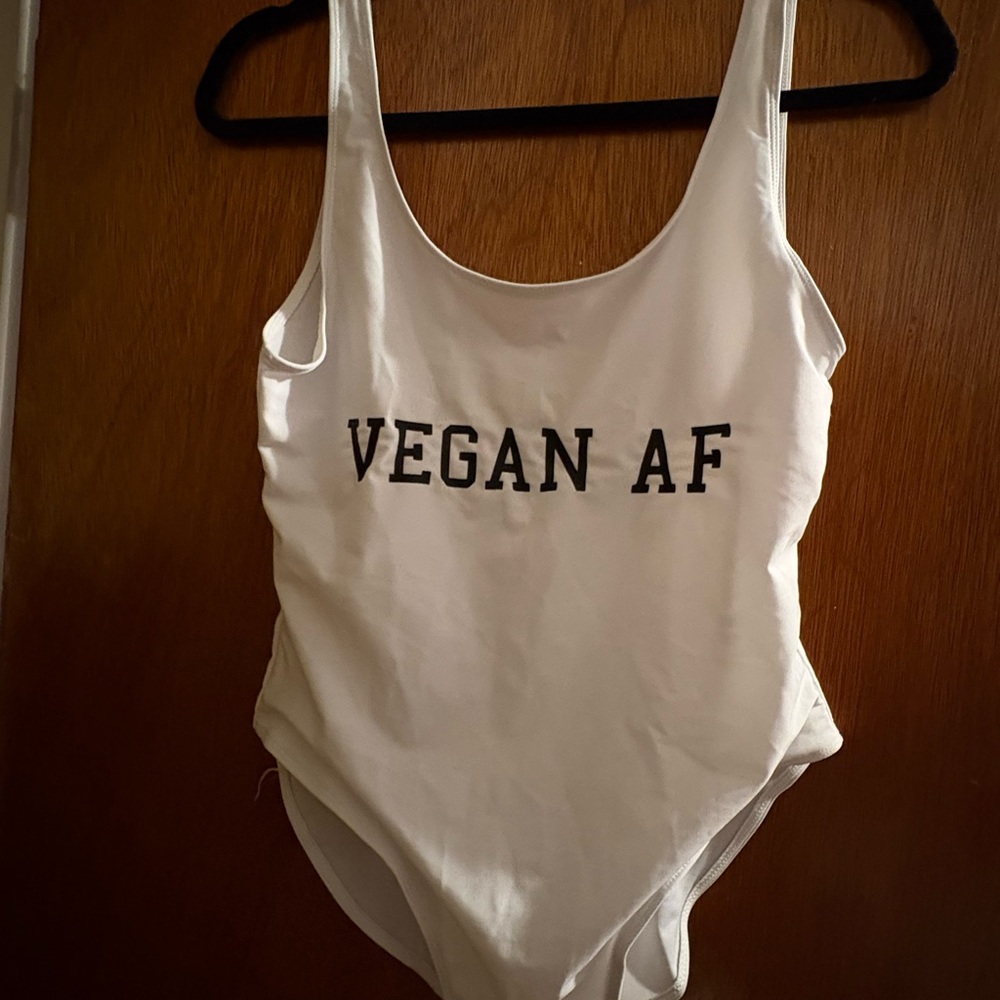 White One-Piece Bodysuit with Black VEGAN AF Text